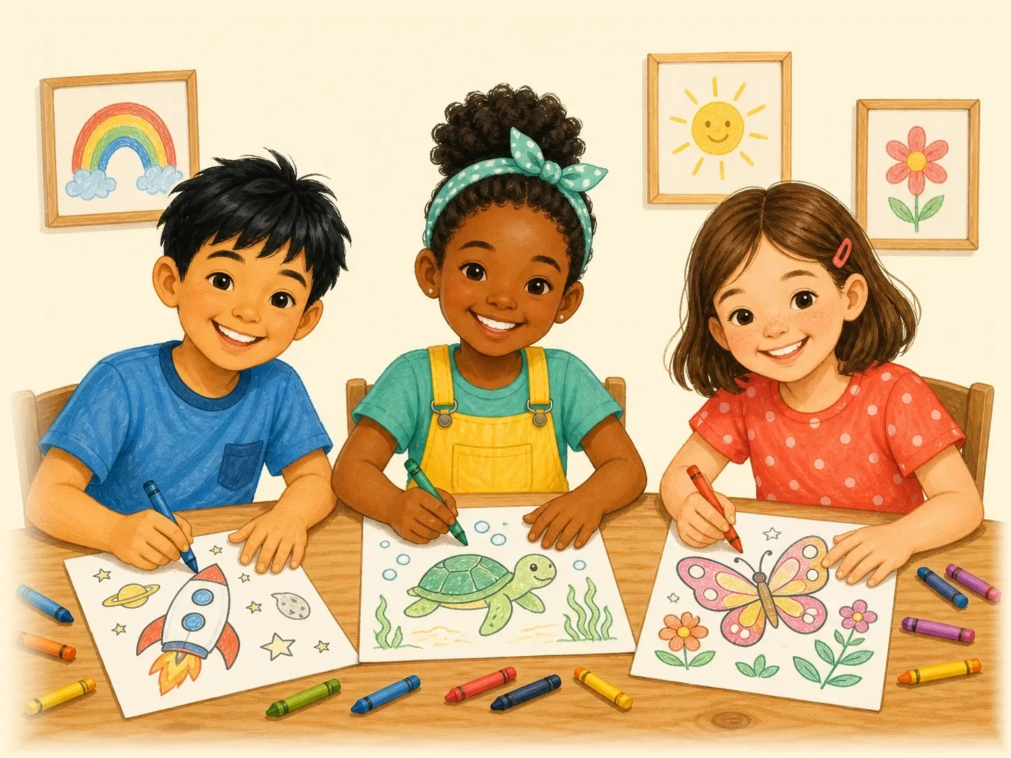 Three children coloring original printable pages together Three children coloring original printable pages together